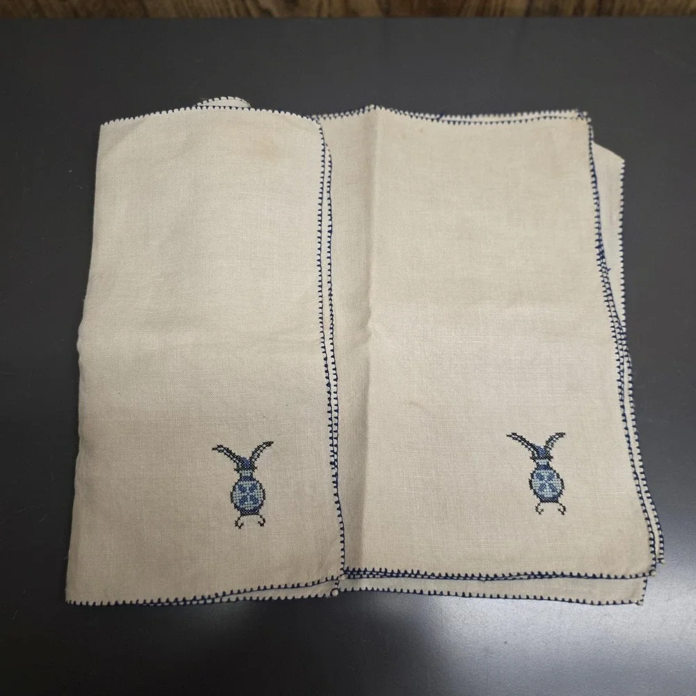 Linen Embroidered Pomegranate Beetle Napkins Set Of 8 Beige Blue Border Table